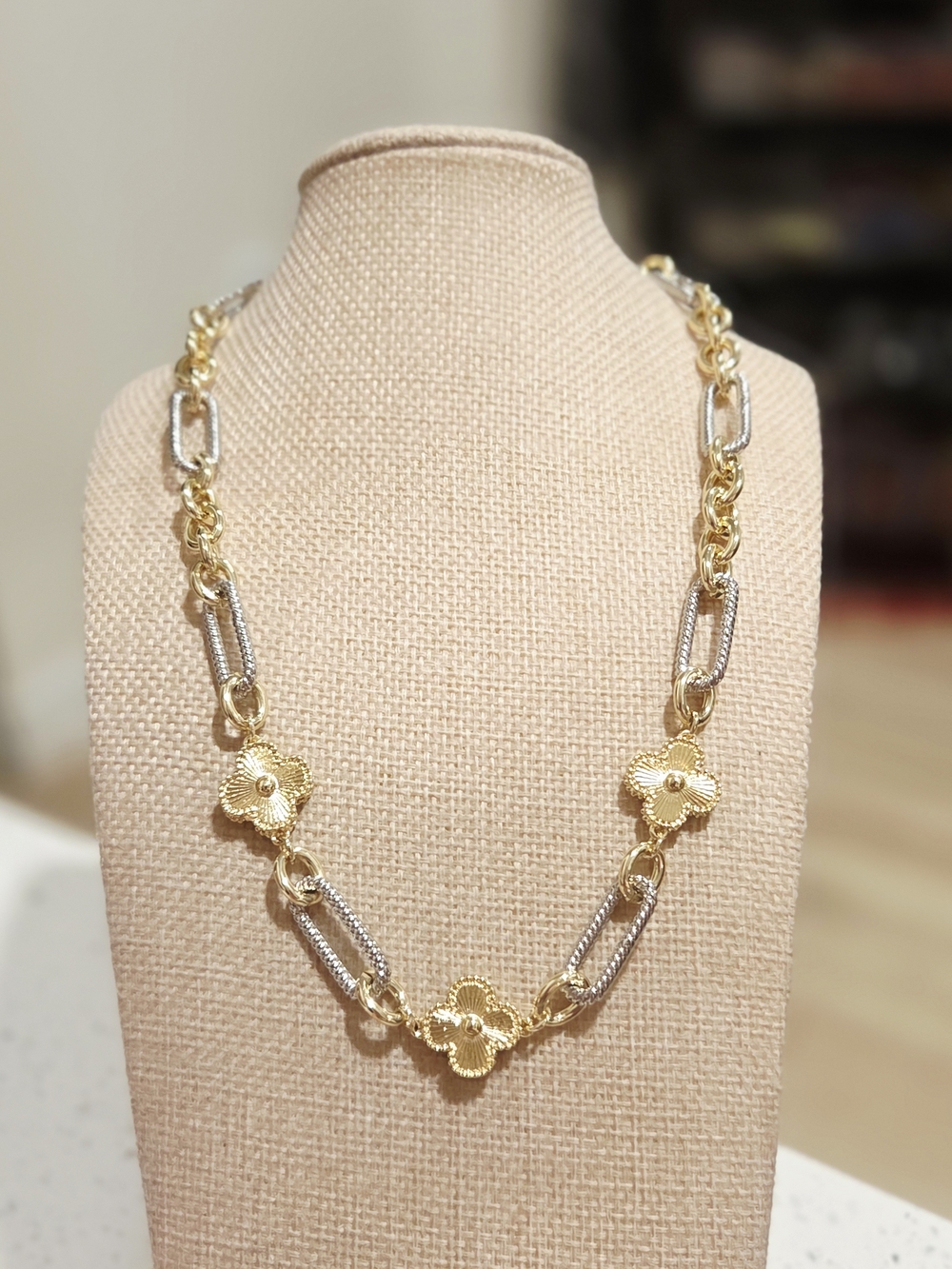Two-Tone Gold and Silver Floral Link Necklace - Picture 2 of 5